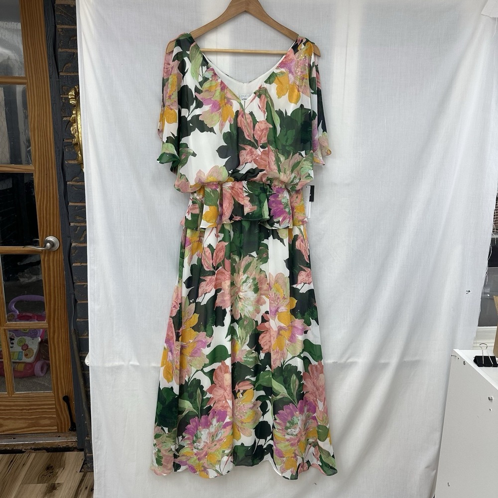 Robbie Bee V-Neck Floral Print Maxi Dress Size 12 Ruffles Sheer Lined Spring New